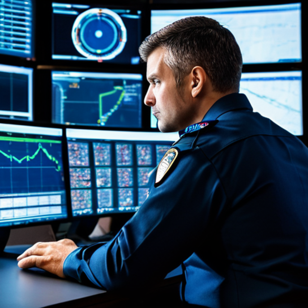 A professional male security supervisor in a modern, dark blue professional uniform, with a focused and analytical expression, sitting at a control desk in a high-tech security operations center. The room is brightly lit with ambient light, featuring multiple large monitors displaying real-time surveillance feeds, data analytics, and sophisticated graphical interfaces. The supervisor is interacting with a touchscreen, demonstrating mastery of advanced technological systems. The scene emphasizes precision, vigilance, and the integration of AI in modern security. fully clothed, modest clothing, appropriate attire, professional dress, safe for work, appropriate content, professional, perfect anatomy, correct proportions, natural pose, well-formed hands, proper finger count, natural body proportions, high-quality photograph, realistic.