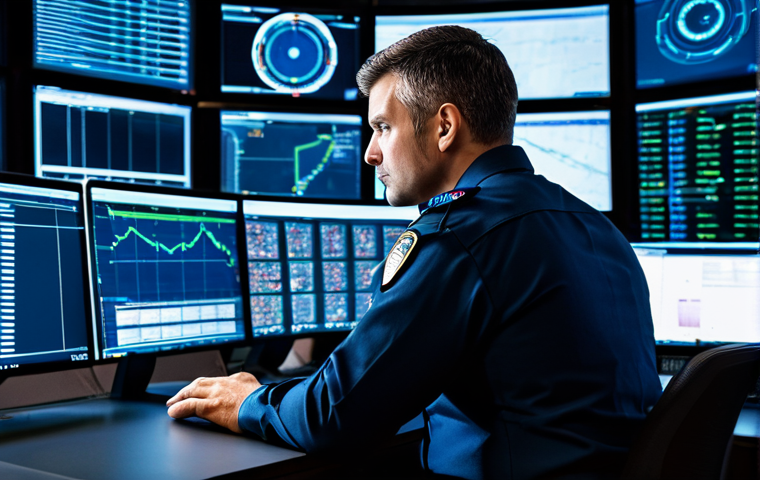 A professional male security supervisor in a modern, dark blue professional uniform, with a focused and analytical expression, sitting at a control desk in a high-tech security operations center. The room is brightly lit with ambient light, featuring multiple large monitors displaying real-time surveillance feeds, data analytics, and sophisticated graphical interfaces. The supervisor is interacting with a touchscreen, demonstrating mastery of advanced technological systems. The scene emphasizes precision, vigilance, and the integration of AI in modern security. fully clothed, modest clothing, appropriate attire, professional dress, safe for work, appropriate content, professional, perfect anatomy, correct proportions, natural pose, well-formed hands, proper finger count, natural body proportions, high-quality photograph, realistic.