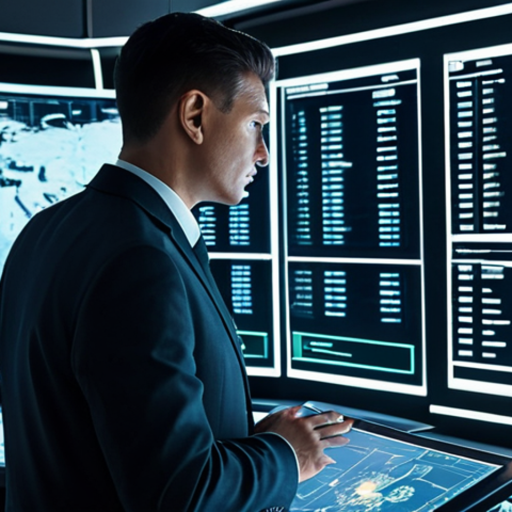 A professional security supervisor in a modest business suit, fully clothed and in appropriate attire, stands in a futuristic, high-tech control room. Multiple sleek holographic screens display dynamic real-time data, drone surveillance feeds, and advanced biometric identification patterns. The supervisor is actively monitoring the complex information with a focused, analytical expression, embodying the fusion of human expertise and cutting-edge technology. The pose is natural, with perfect anatomy and correct proportions, including well-formed hands and proper finger count. Professional photography, sharp focus, cinematic lighting, safe for work, appropriate content, professional.