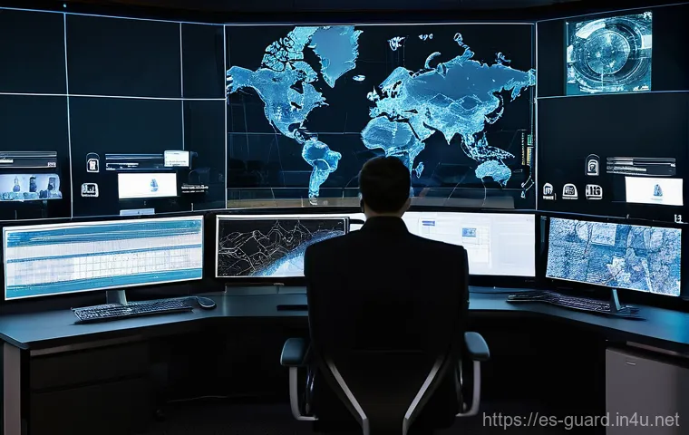 경비지도사 필수 참고 자료 - **Prompt 1: AI-Powered Urban Surveillance Command Center**
"A wide shot of a futuristic, dimly l...