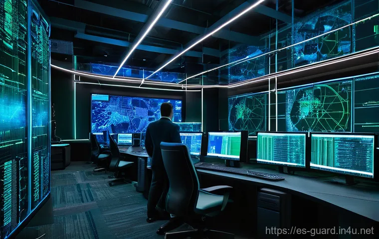경비지도사 필수 참고 자료 - **Prompt 1: AI-Powered Urban Surveillance Command Center**
    "A wide shot of a futuristic, dimly l...