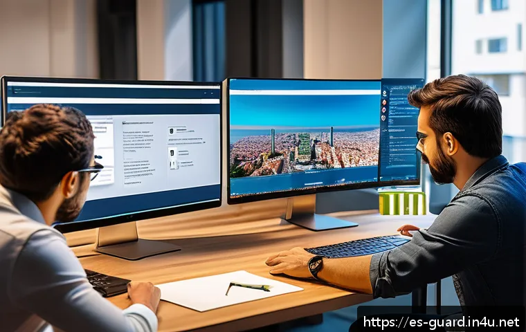 경비지도사 커뮤니티 활동 추천 - A vibrant online cybersecurity forum scene showing diverse professionals from Spain interacting on c...