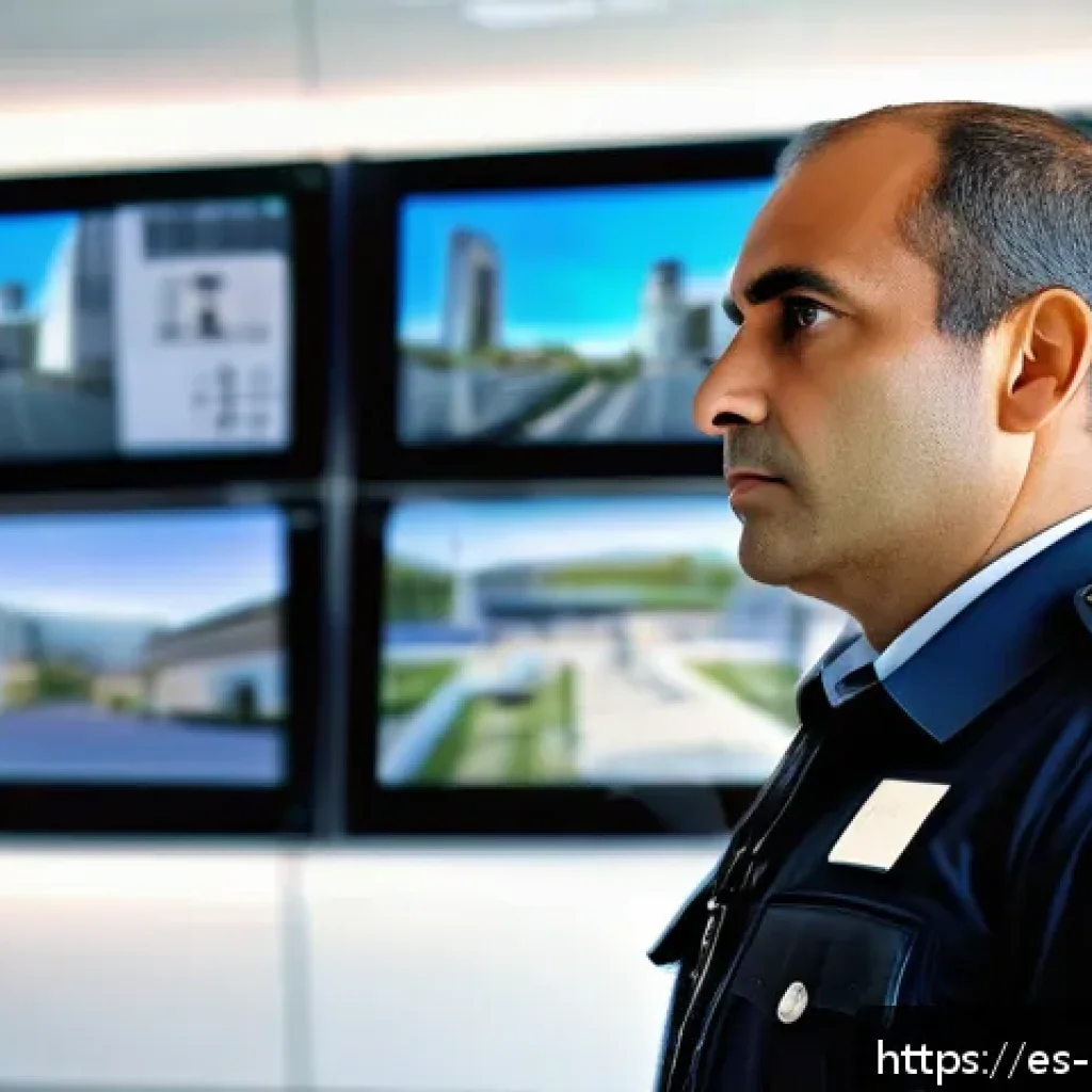 경비지도사 실무 중 자주 묻는 질문 - A vigilant private security guard in a modern urban setting in Spain, wearing a professional uniform...