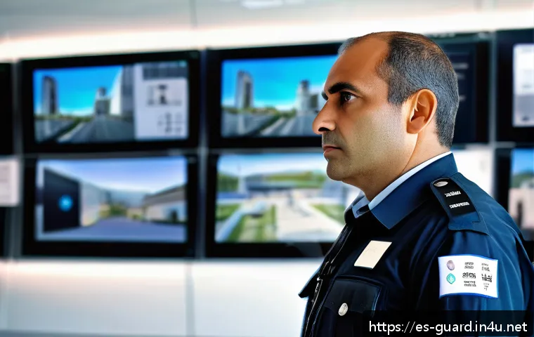 경비지도사 실무 중 자주 묻는 질문 - A vigilant private security guard in a modern urban setting in Spain, wearing a professional uniform...