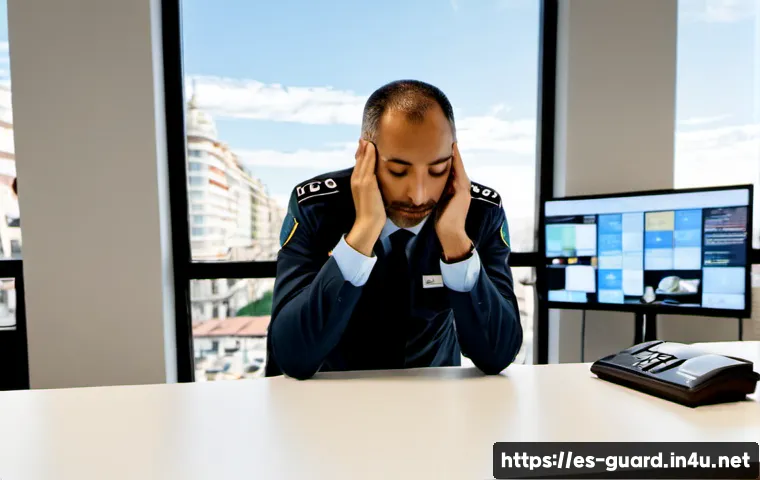 경비지도사 업무 스트레스 관리 - Photorealistic security operations supervisor in a modern Madrid office, taking a mindful stress-man...
