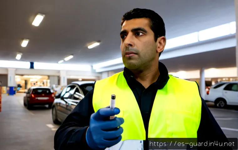 Home 17 경비지도사 실무 중 겪은 위험 상황 - Photorealistic security supervisor in a modern Spanish shopping center parking garage, calmly direct...
