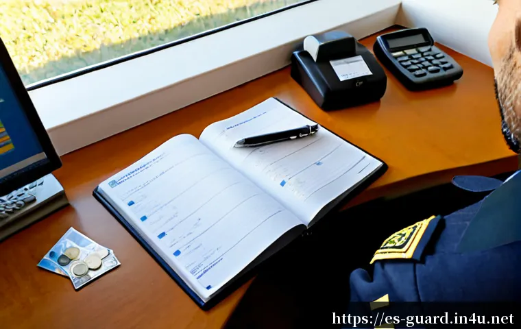 경비지도사 실무 일기 공유 - Photorealistic Spanish security supervisor at a tidy home office desk, carefully reviewing a handwri...