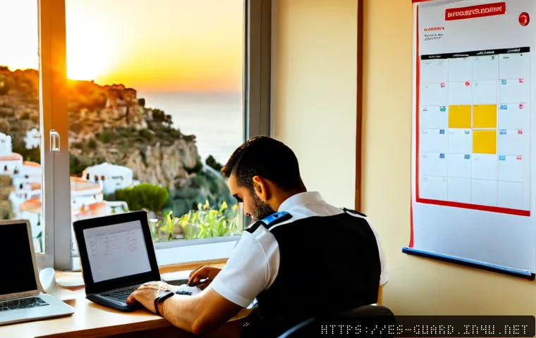 Home 17 경비지도사 시험 날짜와 일정 - Photorealistic Spanish security professional planning a certification exam schedule at a tidy home o...
