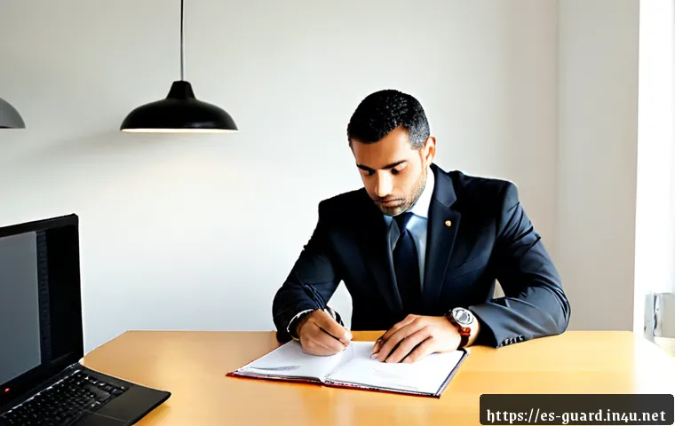 경비지도사 면접 준비 팁 - Photorealistic Spanish security professional preparing for a job interview at a neat home desk, revi...