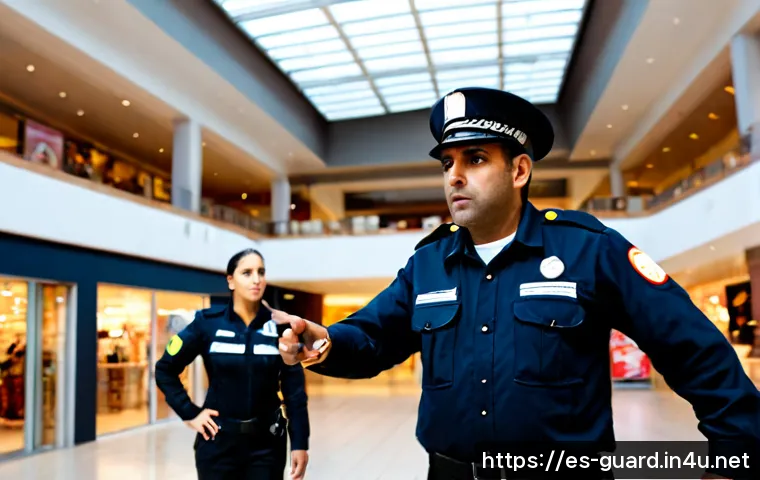 경비지도사 업무 중 발생하는 비상 상황 대처법 - Photorealistic emergency response scene in a modern Spanish shopping center, professional security s...